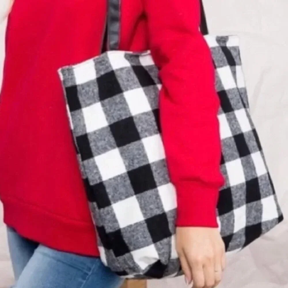 NWT Buffalo White Flannel Leather Plaid Tote Shoulder Travel Shopping Bag Black
